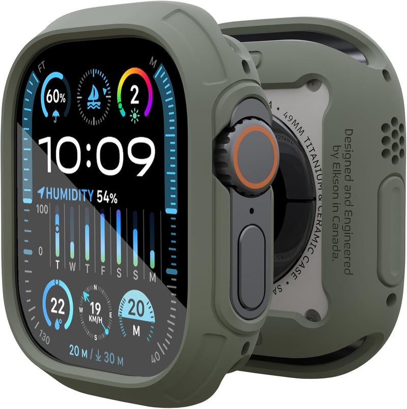 elkson Made for Apple Watch Ultra 3/2/1 Bumper Case 49mm Screen Protector Tempered Glass, Quattro Max Series Rugged for iWatch, Military Grade Durable Protective Cover, Flexible Shock Proof, Green - Image 1